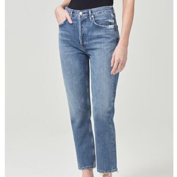 Agolde Riley High Rise Straight Crop Jeans Women's 32 Medium Wash Distressed - Picture 1 of 8